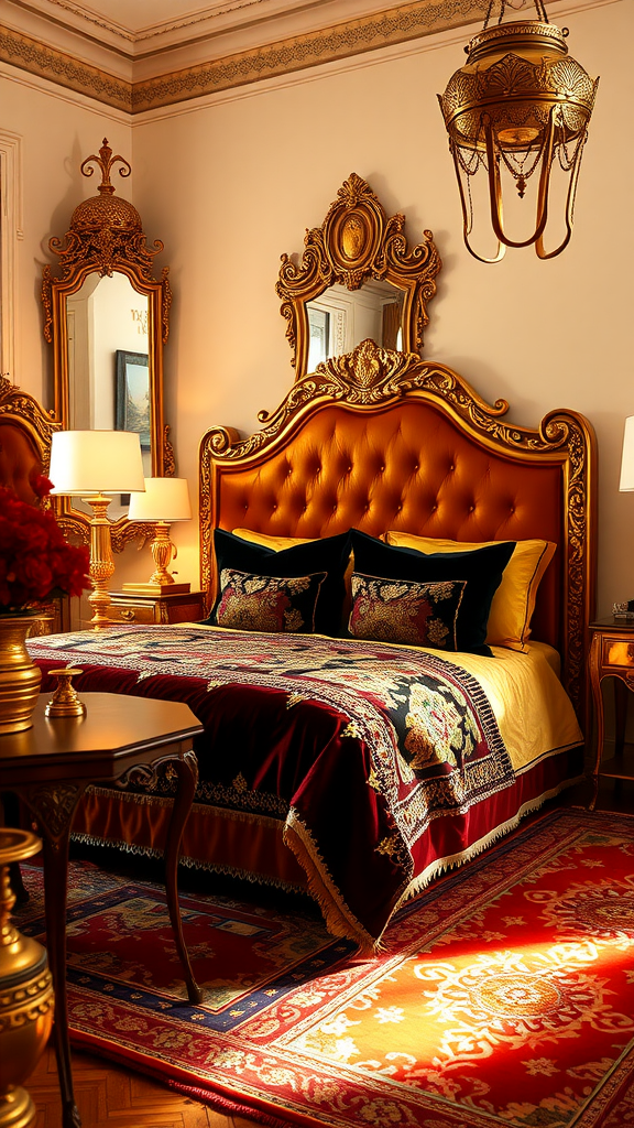 A luxurious Moroccan bedroom with golden accents, featuring a plush headboard, elegant mirrors, and rich textiles.