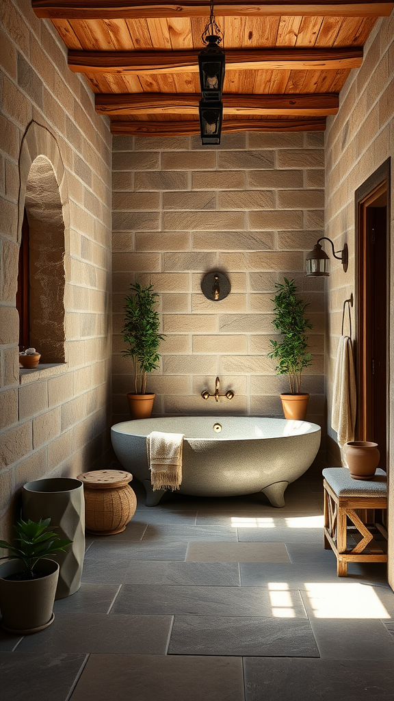 A serene Moroccan bathroom featuring a large tub, stone walls, wooden beams, and plants, creating a rustic and relaxing atmosphere.