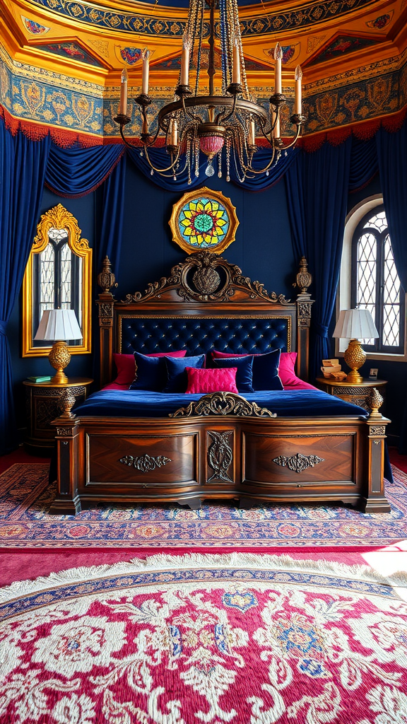 Luxurious Moroccan bedroom with ornate wooden bed, vibrant cushions, and elegant chandelier