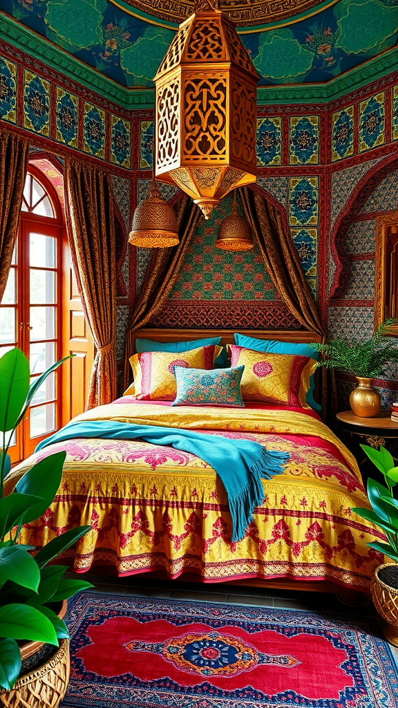 A Moroccan-inspired bedroom featuring vibrant colors, intricate patterns, and exotic decor.