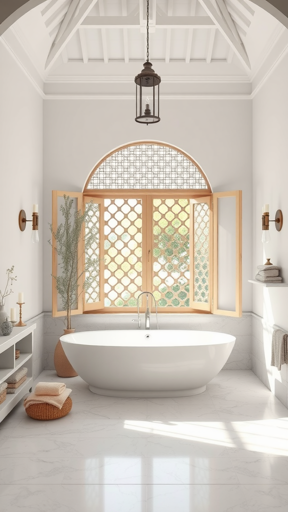 A modern Moroccan-inspired bathroom with a freestanding bathtub, large lattice windows, and cozy decor.