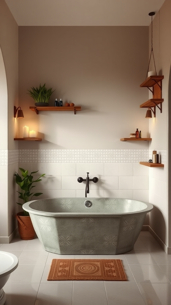 A serene Moroccan bathroom featuring a unique bathtub, plants, wooden shelves, and soft lighting.