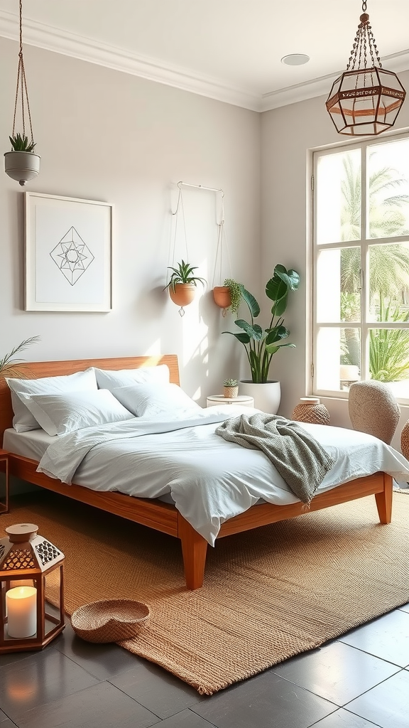 A serene Moroccan bedroom featuring a wooden bed, light linens, hanging plants, and warm lantern lighting.