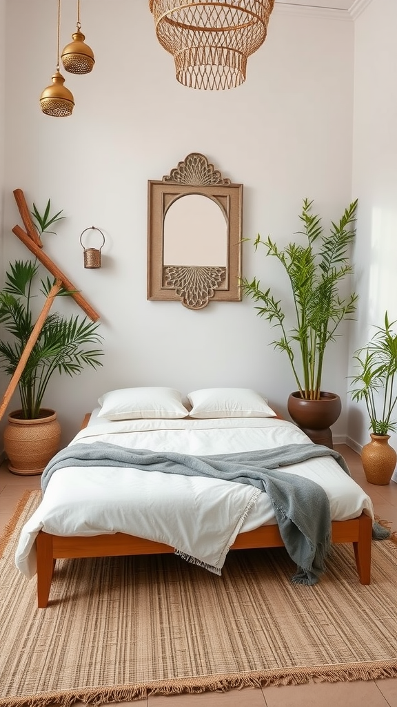 A serene Moroccan bedroom featuring a simple bed, greenery, and warm lighting.