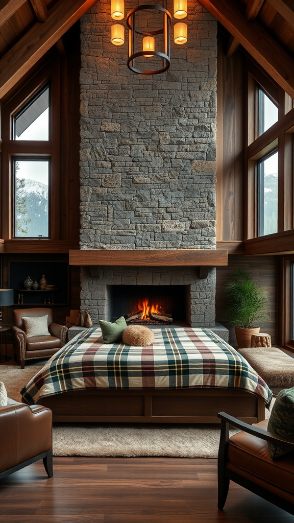 Cozy mountain lodge bedroom featuring a stone fireplace, plaid bedding, and large windows with mountain views.