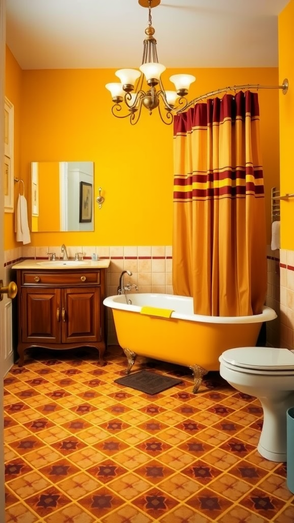 A retro 70s bathroom featuring mustard yellow walls, a yellow bathtub, brown accents, and patterned tiles.