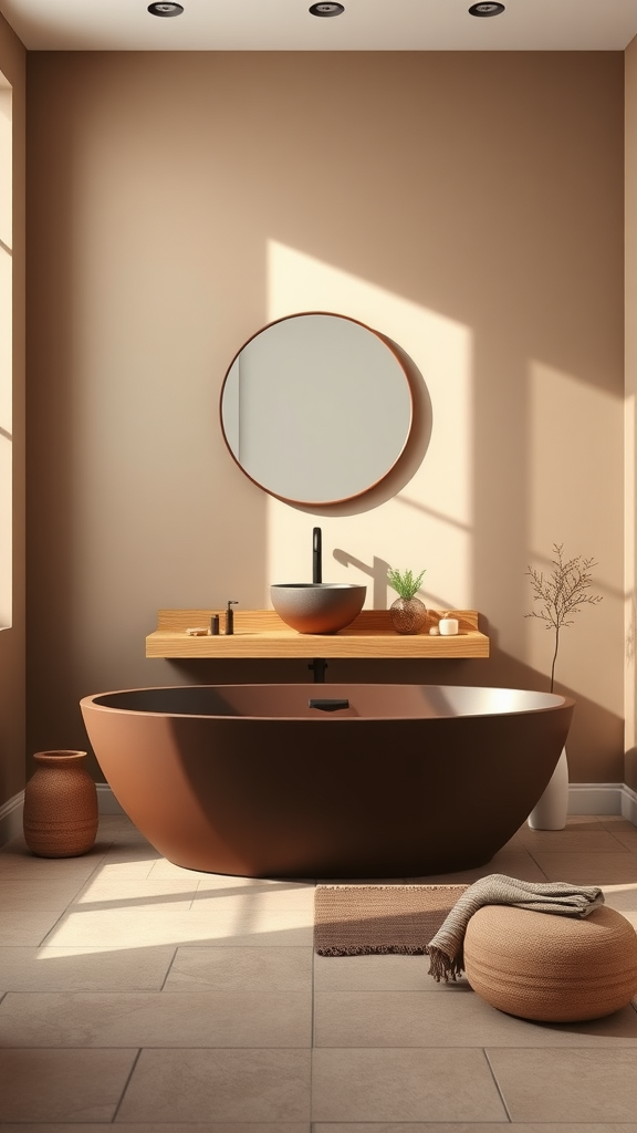 A minimalist bathroom with muted earth tones, featuring a brown bathtub, wooden shelf, round mirror, and plants.