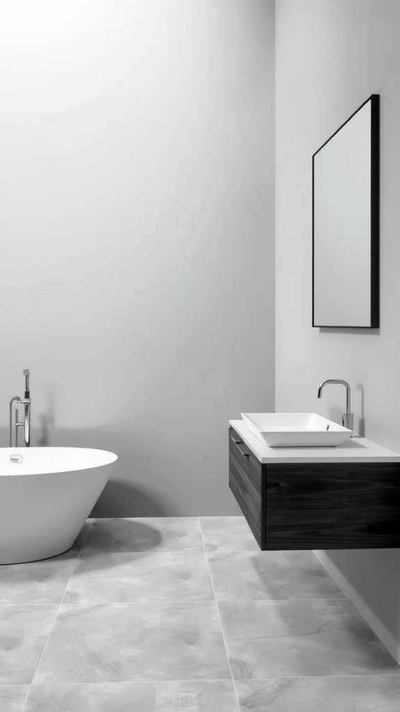 Minimalist bathroom with gray walls, a white bathtub, and a floating wooden vanity