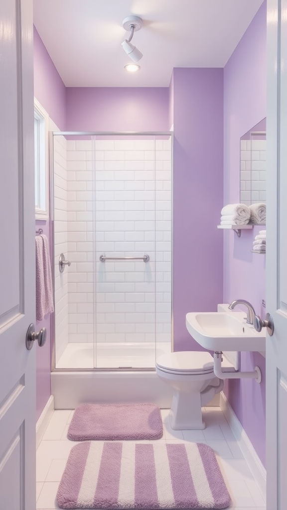 A small bathroom featuring muted lavender walls, white tiles, and a clean design.