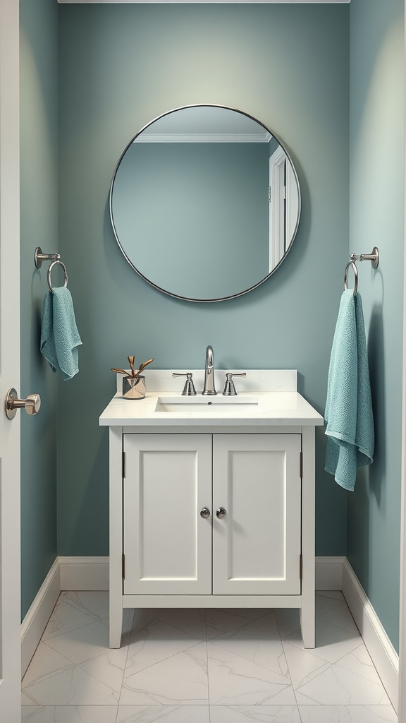 Half bathroom featuring muted teal walls and white vanity with round mirror