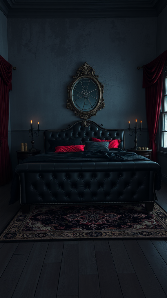 A dark bedroom featuring a black leather bed, red pillows, ornate mirror, and candlelit ambiance.