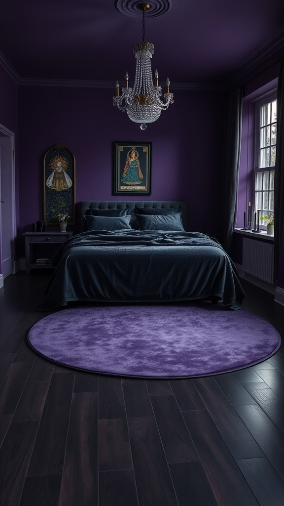 A mystic dark bedroom featuring deep purple walls, an elegant chandelier, plush bedding, and a round purple rug.