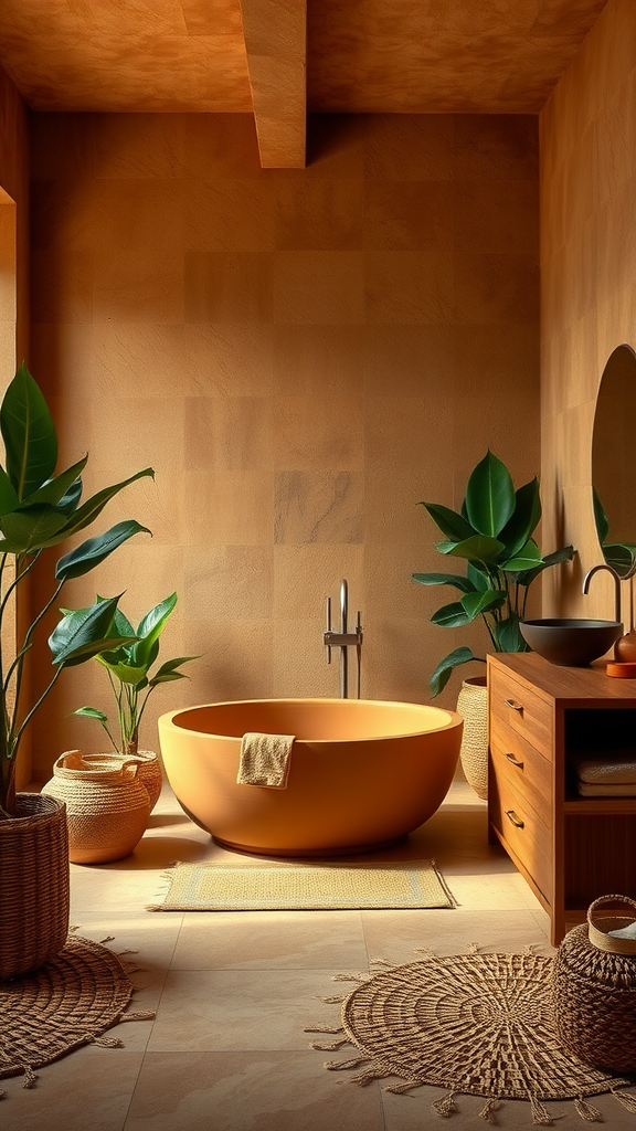 A cozy bathroom featuring clay textured walls, an oval bathtub, green plants, and wooden furniture for a natural look.