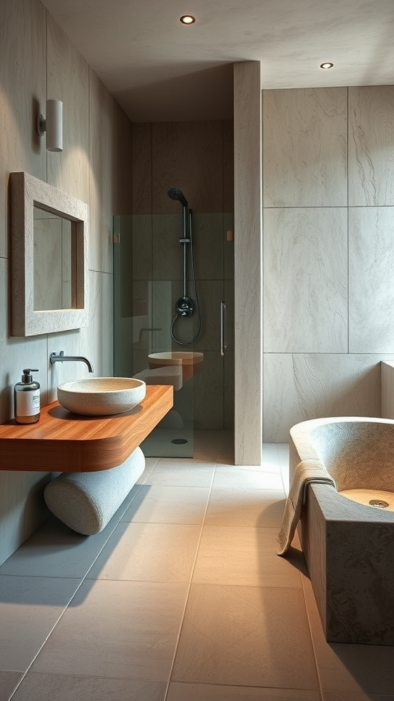 A minimalist bathroom featuring natural stone walls, a wooden countertop, a stone sink, and a freestanding stone tub.