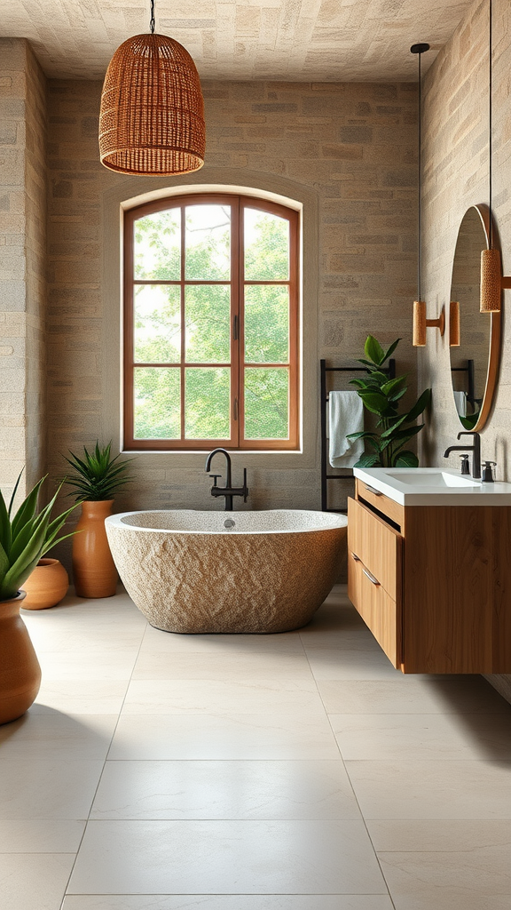 A beautifully designed bathroom with a natural stone bathtub, wooden vanity, and large window showcasing greenery outside.