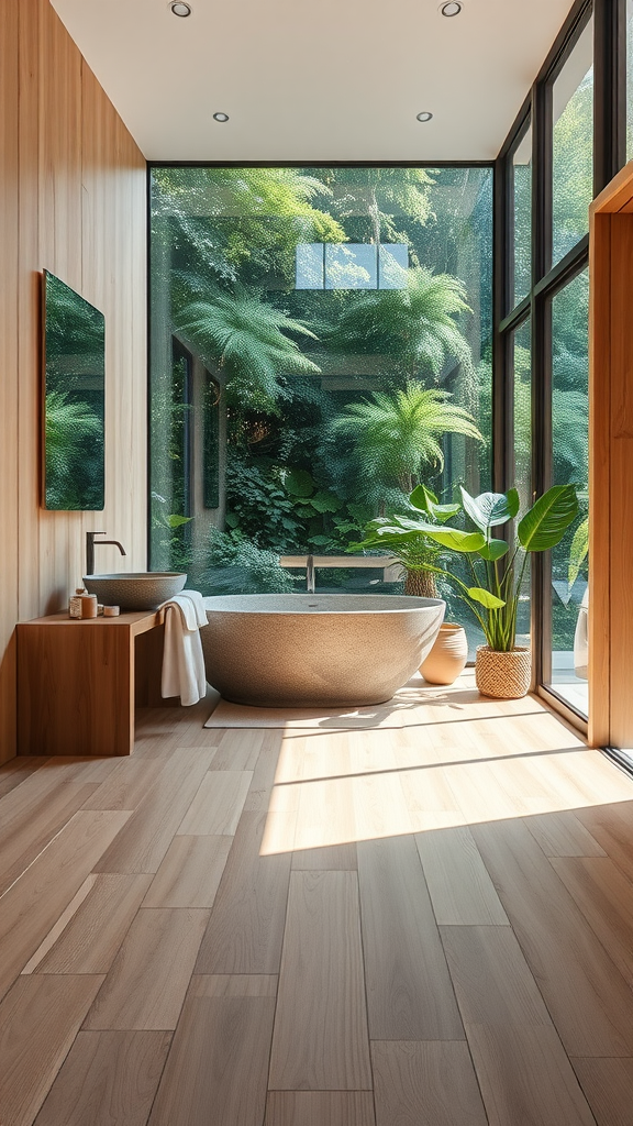 A serene bathroom featuring natural wood elements and large glass windows with views of greenery