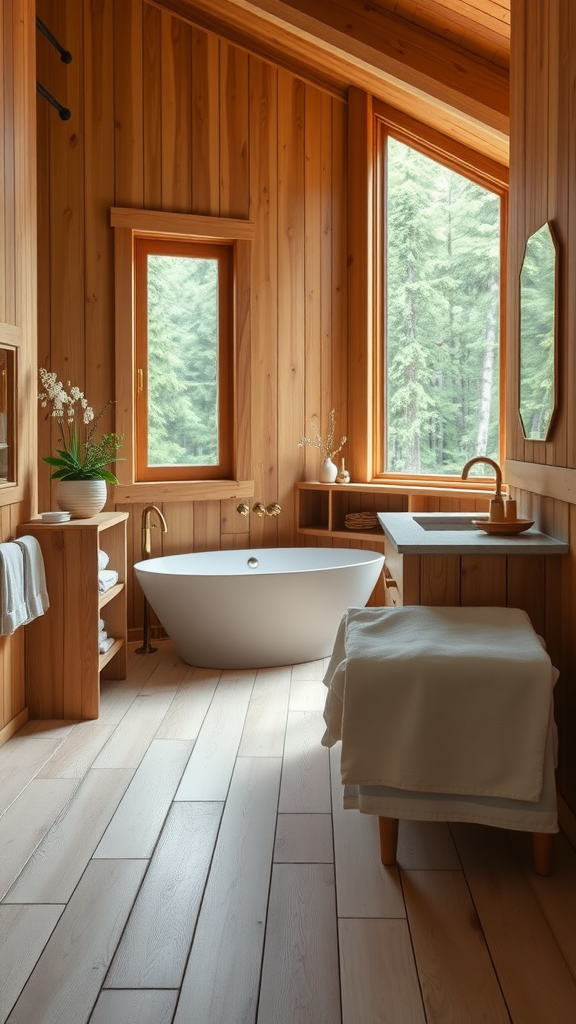 A cozy cottage bathroom with wooden walls, large windows, a bathtub, and natural light.