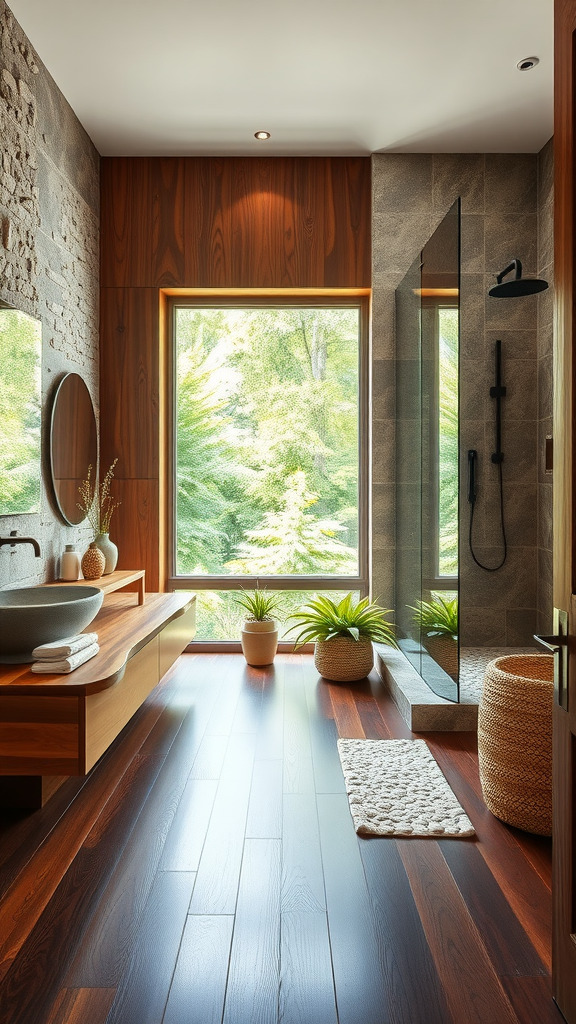 A minimalist bathroom featuring natural materials and a large window with a view of greenery.