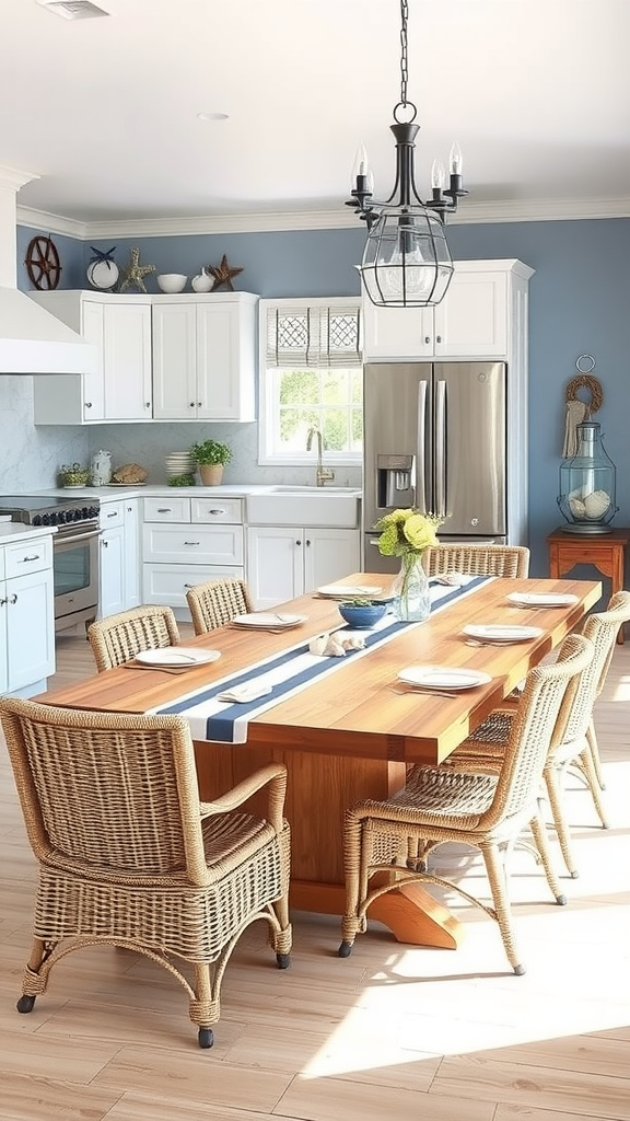 A nautical-inspired kitchen and dining room featuring a light blue wall, white cabinets, a wooden dining table with a navy-striped runner, and wicker chairs.