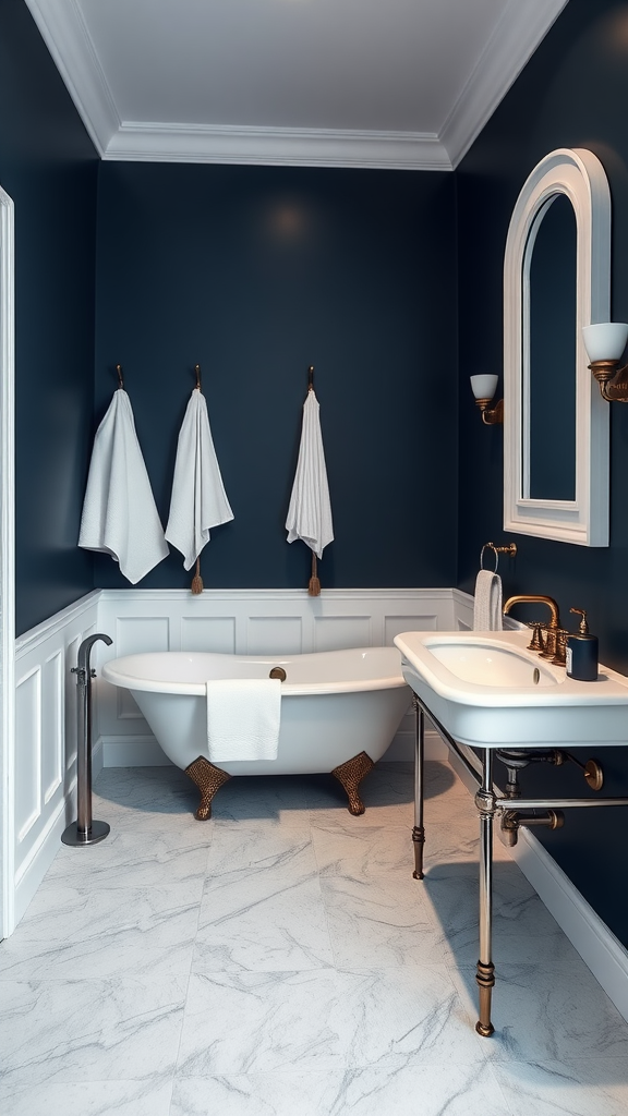 A dark blue bathroom featuring a clawfoot tub, white accents, and gold fixtures, creating a nautical retreat atmosphere.