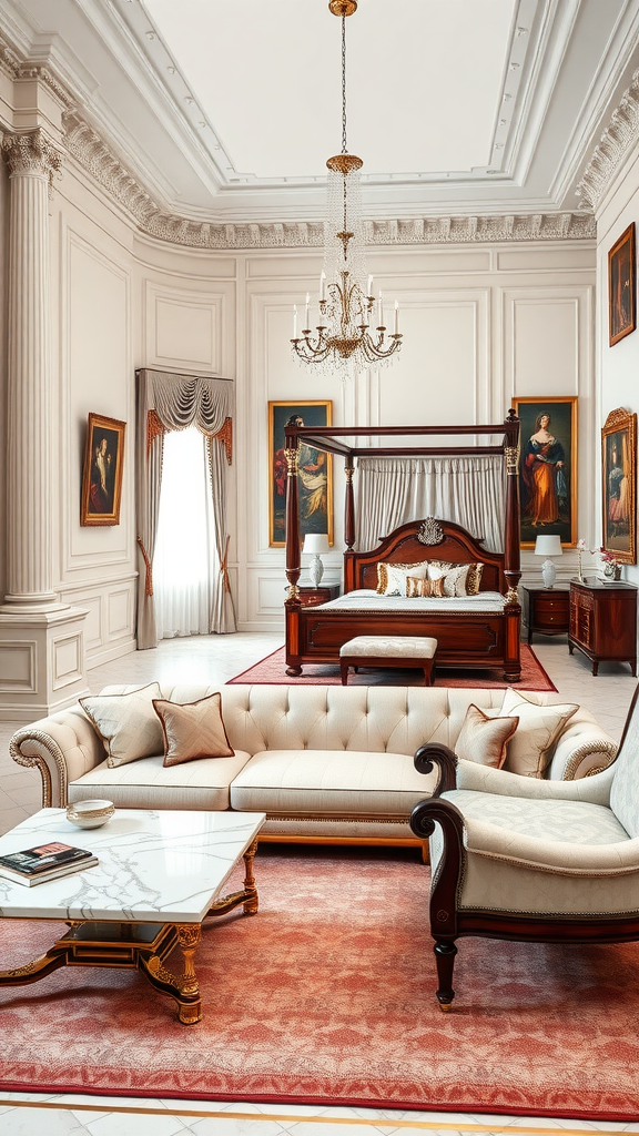 A neo-classical living room and bedroom combo with elegant furniture and decorative elements.