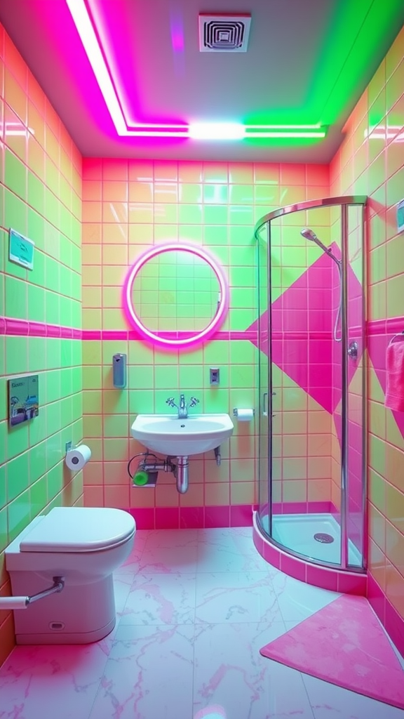 A vibrant 70s style bathroom featuring neon pink and green tiles, a glass shower, and neon lighting.