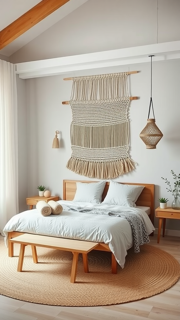 A neutral bohemian bedroom with a macramé wall hanging, wooden furniture, and a round rug