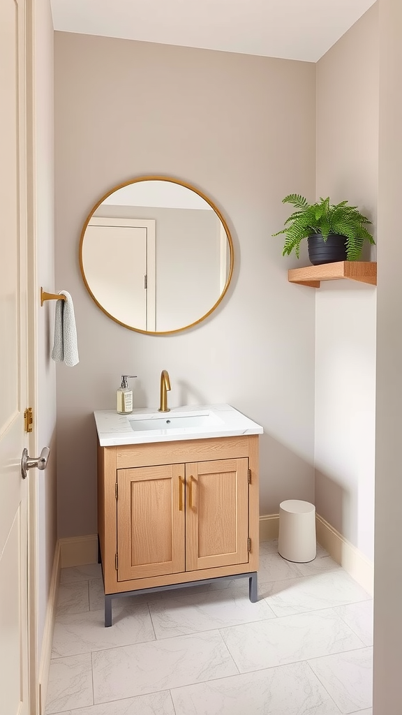 A stylish half bathroom with neutral beige walls, a wooden vanity, a round mirror, and a green plant on a shelf.