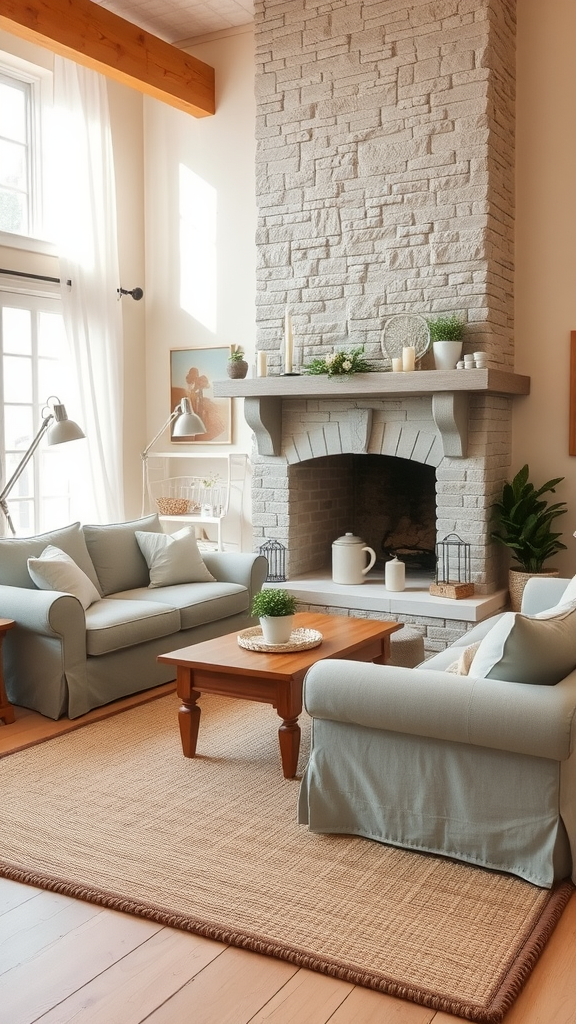 A cozy neutral farmhouse living room featuring blue sofas, a stone fireplace, and a wooden coffee table.