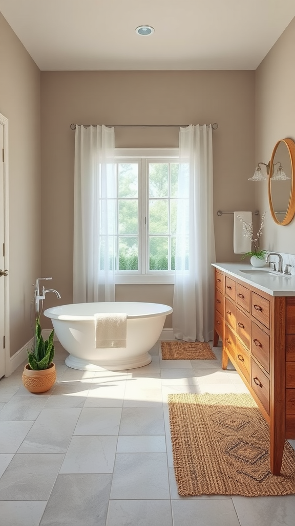 Neutral farmhouse spa bathroom with a freestanding tub and wooden vanity