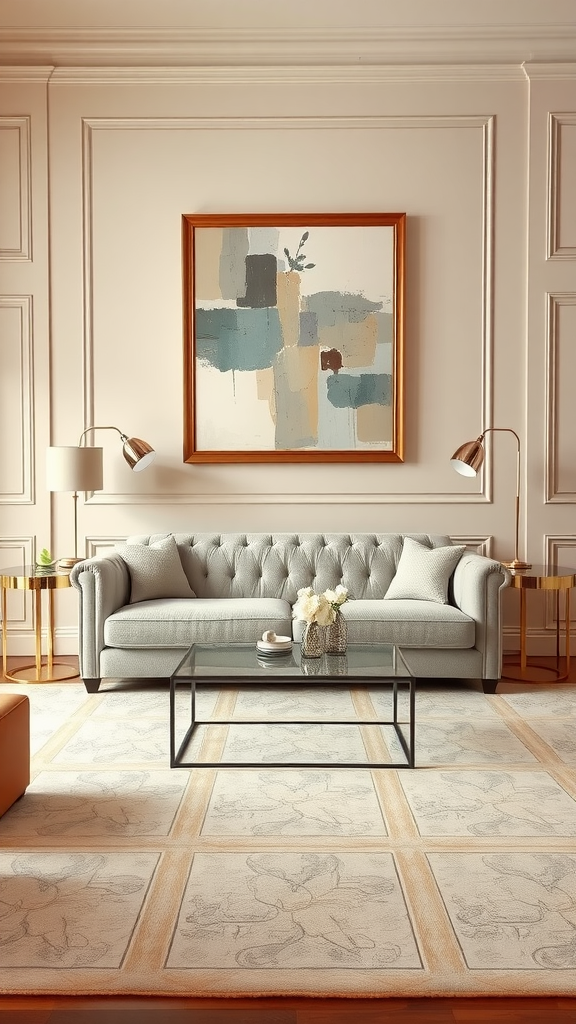 Art Deco living room with a grey tufted sofa, abstract wall art, and a glass coffee table