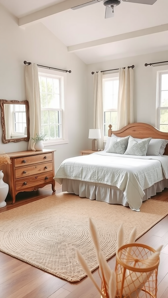 Cozy farmhouse bedroom featuring neutral tones, light wood furniture, and natural light.