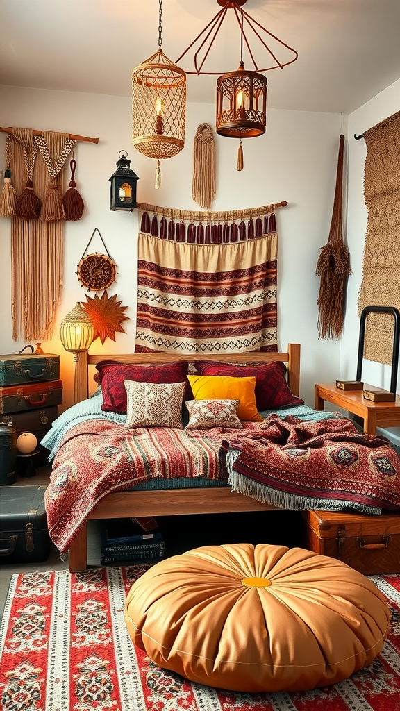 A cozy bohemian bedroom with a wooden bed, vibrant textiles, handmade wall art, and warm lighting.