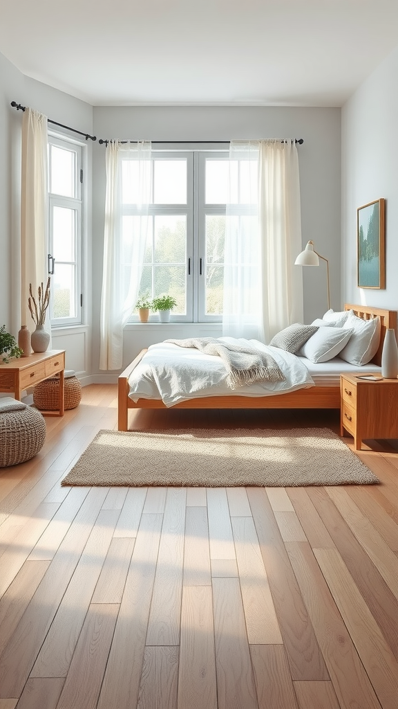 A bright and airy Nordic-inspired rustic bedroom with wooden furniture and large windows.