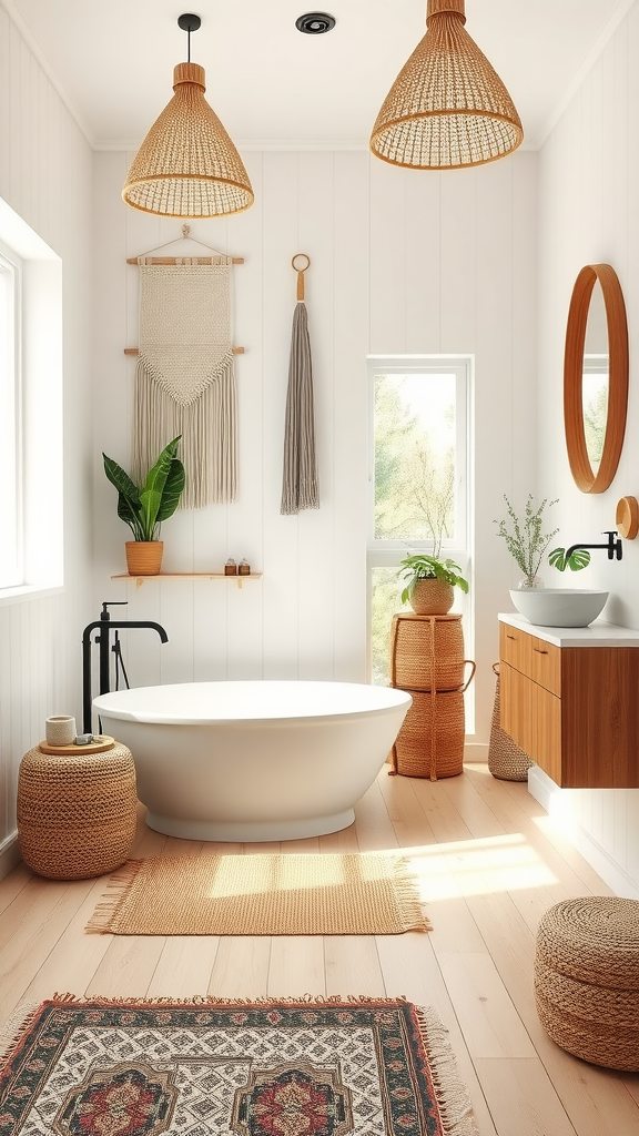 A bright and airy bathroom featuring a freestanding tub, woven light fixtures, and natural elements.