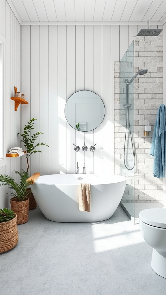 A Scandinavian bathroom featuring a freestanding tub, walk-in shower, and green plants, highlighting a coastal-inspired design.