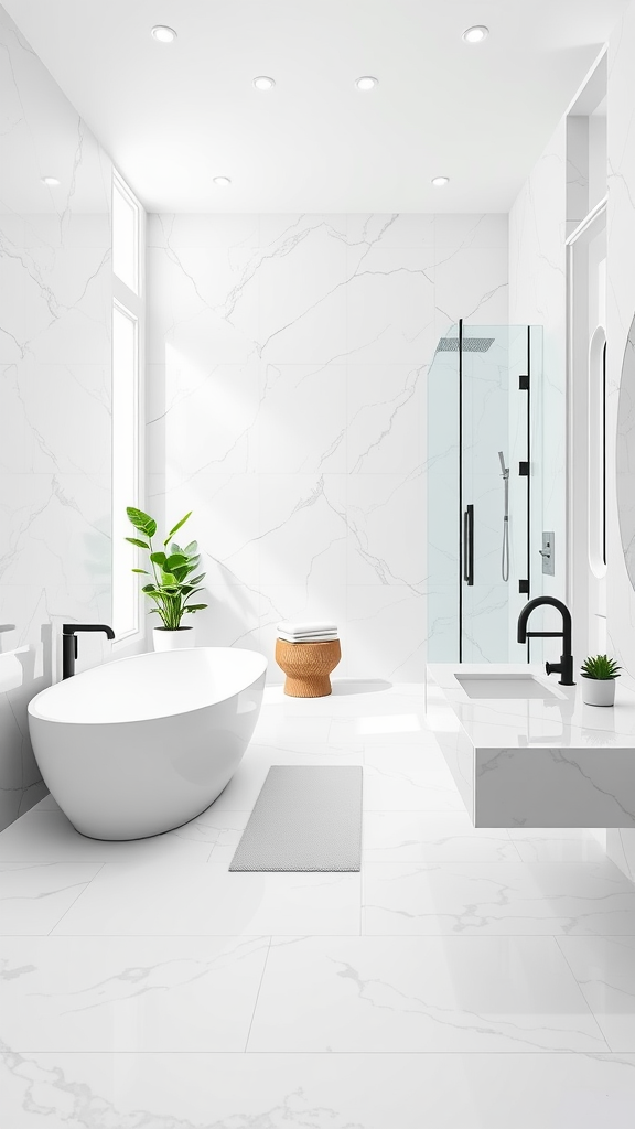 Modern Scandinavian bathroom featuring marble walls, a freestanding bathtub, and a glass shower.