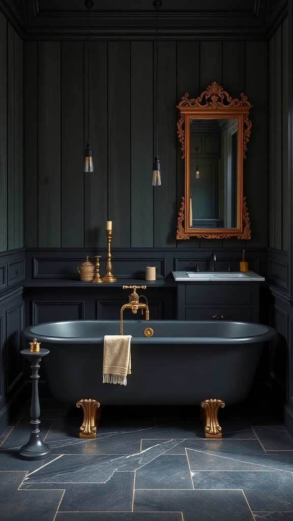 A Nordic Dark Academia bathroom featuring dark walls, a freestanding bathtub with golden feet, elegant lighting, and a vintage mirror.