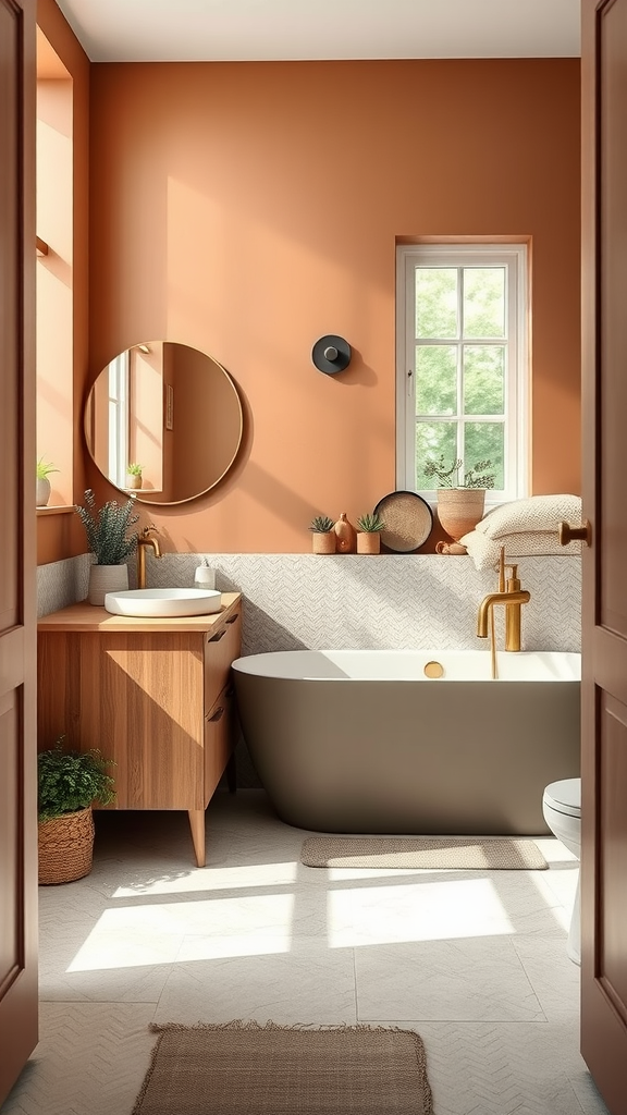 A Scandinavian bathroom featuring earthy tones with terracotta walls, wooden accents, and gold fixtures.