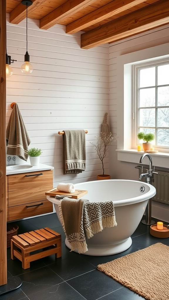 A cozy Nordic bathroom with a freestanding tub, wooden beams, and warm textiles.