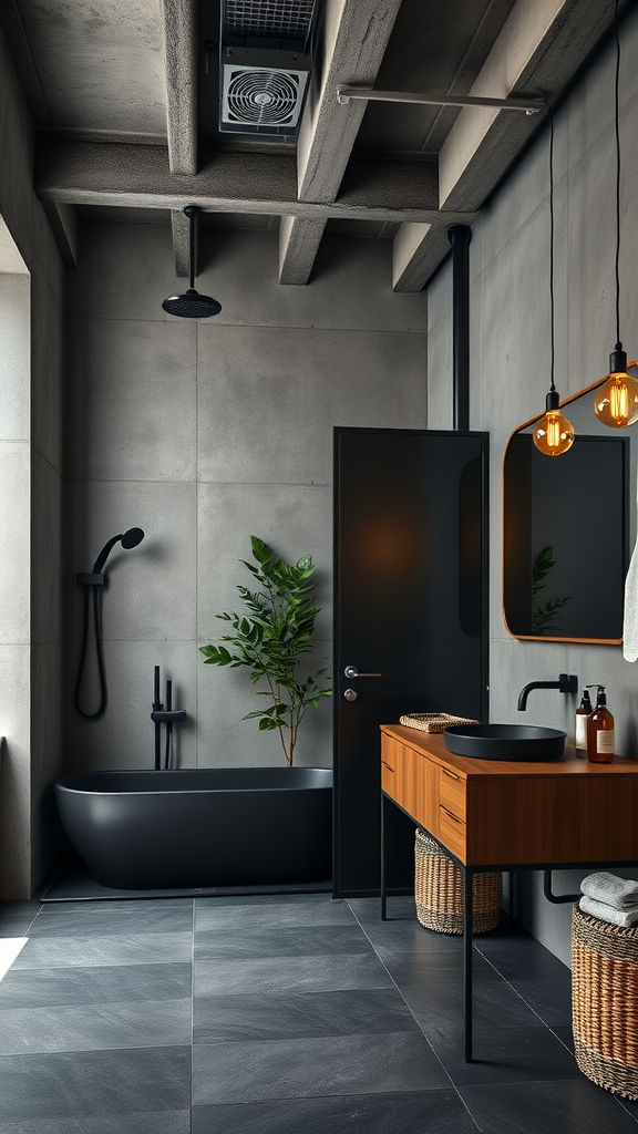 A modern Nordic industrial bathroom featuring a black bathtub, concrete walls, wooden vanity, and stylish pendant lights.