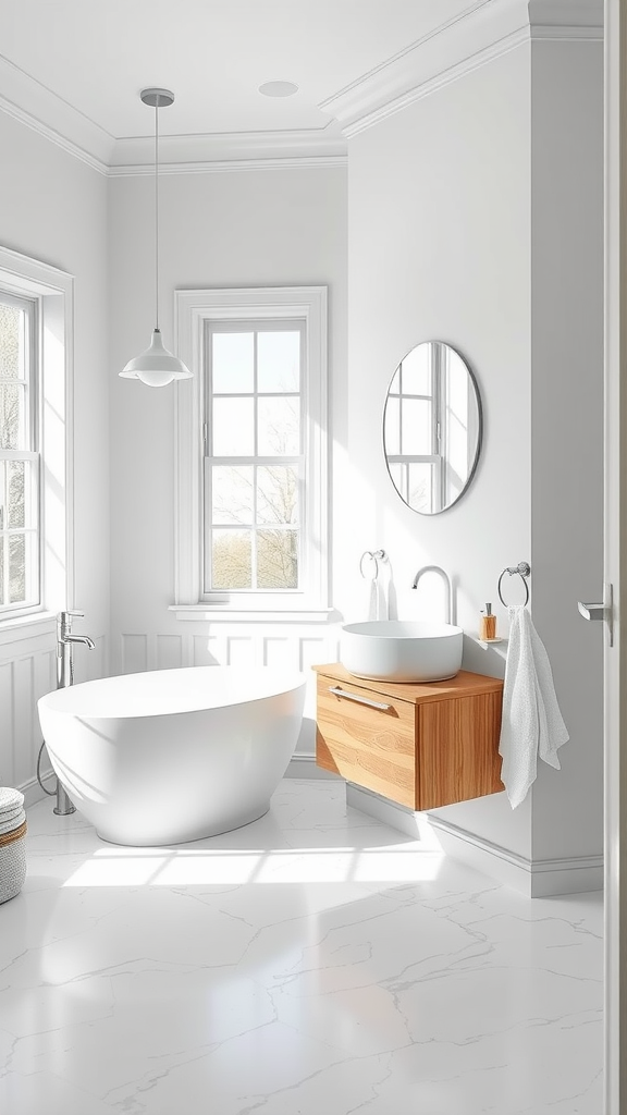 A modern Scandinavian bathroom featuring a light gray and white color scheme, with a freestanding tub, wooden vanity, and large windows.