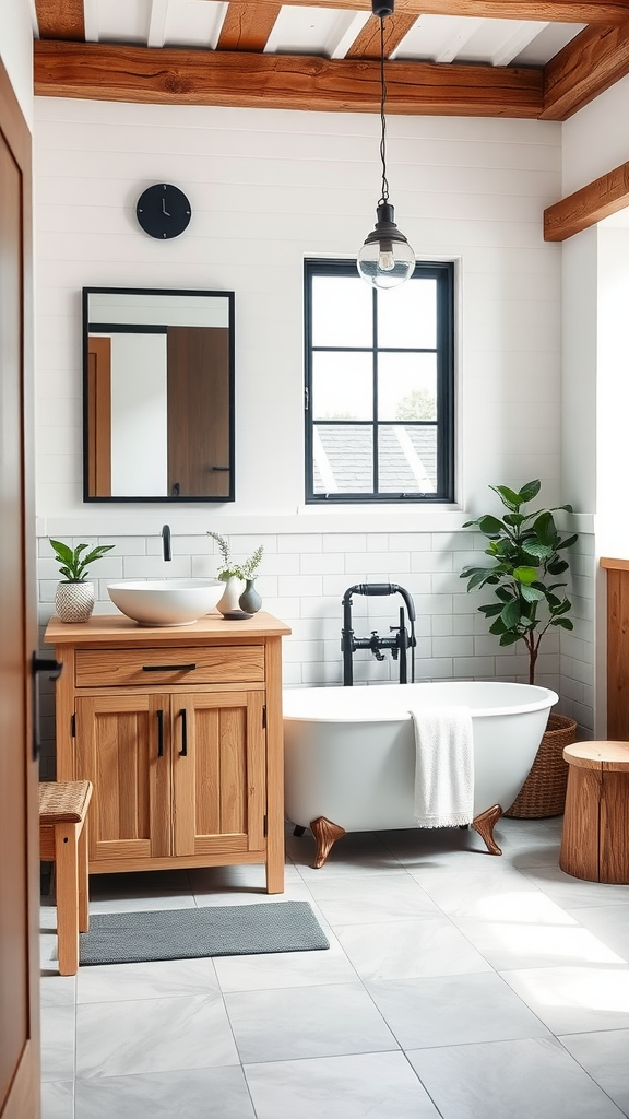 Nordic modern farmhouse bathroom featuring wooden accents, a freestanding tub, and natural light.