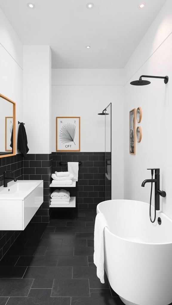 A modern Scandinavian bathroom with black and white design elements, featuring a freestanding bathtub, floating vanity, and stylish fixtures.