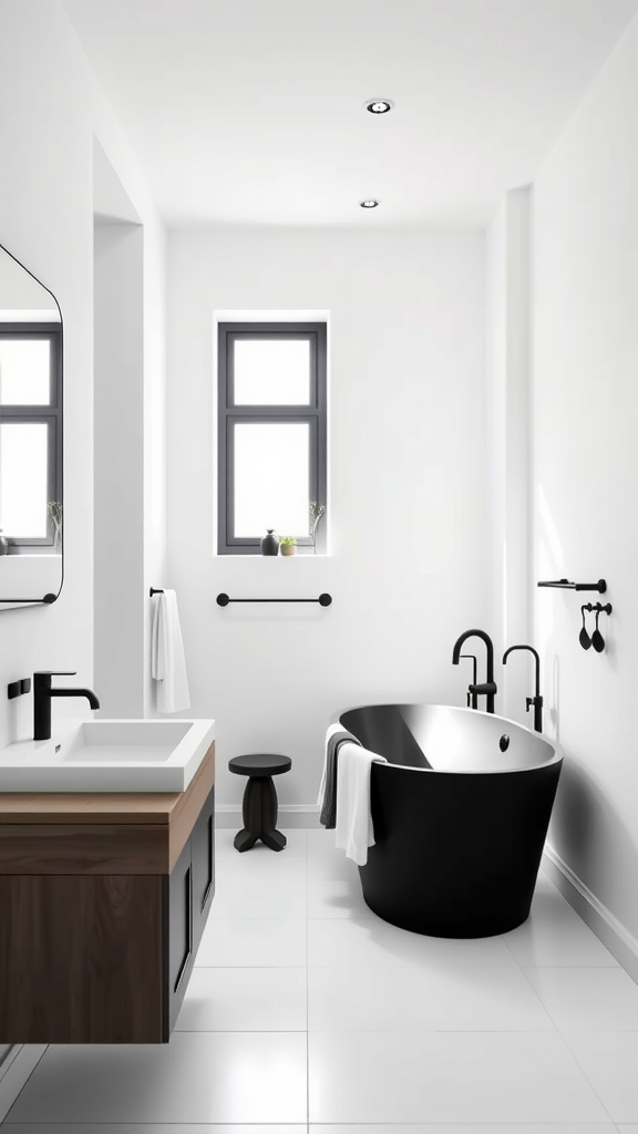 A minimalist Nordic bathroom featuring a black bathtub and wooden vanity