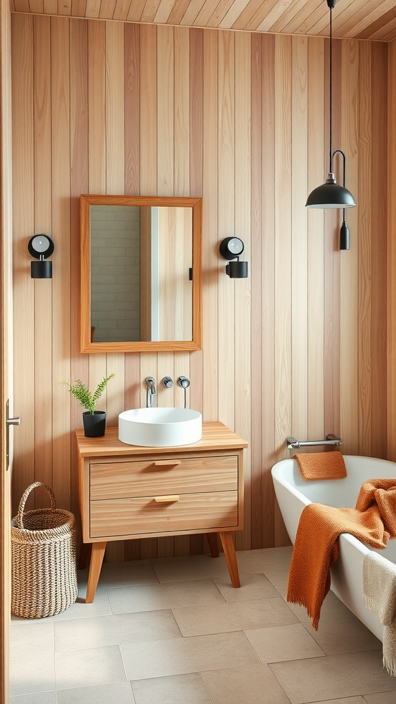 A cozy Nordic bathroom featuring wooden paneling, a wooden vanity with a round sink, and a freestanding bathtub with cozy textiles.