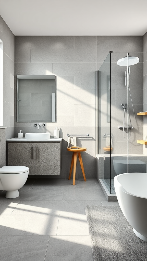 A modern Nordic bathroom featuring light gray natural stone walls and floor, a glass shower, a floating vanity, and wooden accents.