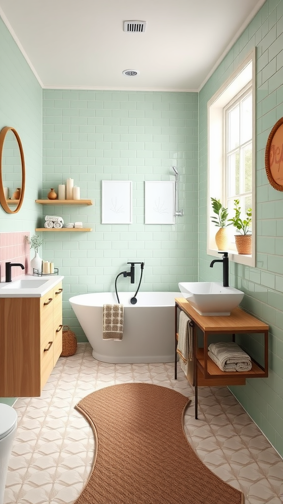 Nordic retro bathroom featuring mint green tiles, a freestanding tub, wooden cabinetry, and stylish accessories.