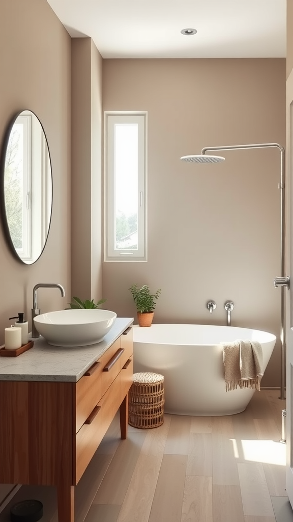 A Scandinavian bathroom featuring soft taupe walls, a freestanding tub, and wooden accents.