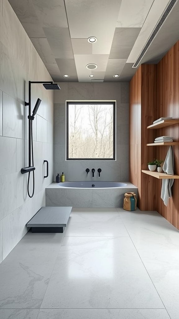 A modern Nordic-inspired wet room featuring a bathtub, shower, and wooden shelves, with large windows allowing natural light.